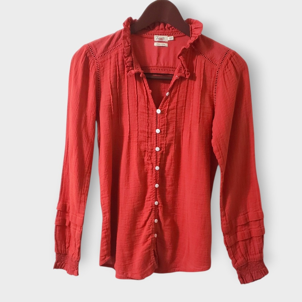 Faherty Womens Willa Carmine Red Blouse Organic Cotton Ruffle Pintuck Pleats XS